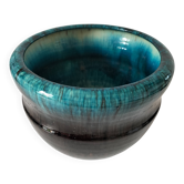 Accolay cache-pot in blue petrol and deep black glazed stoneware.