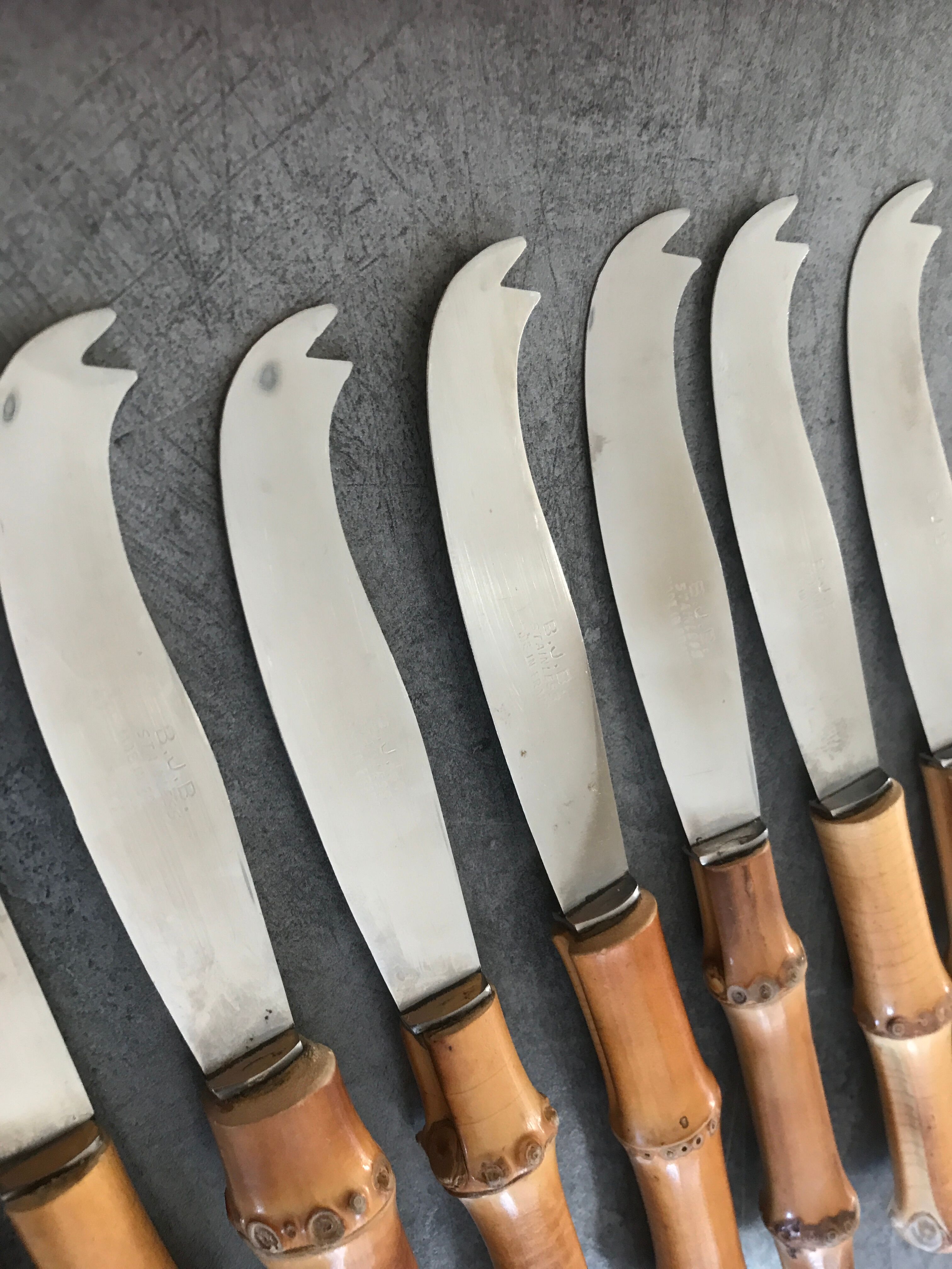 Set of 12 vintage knives bamboo handle cutlery b.j.b in their case