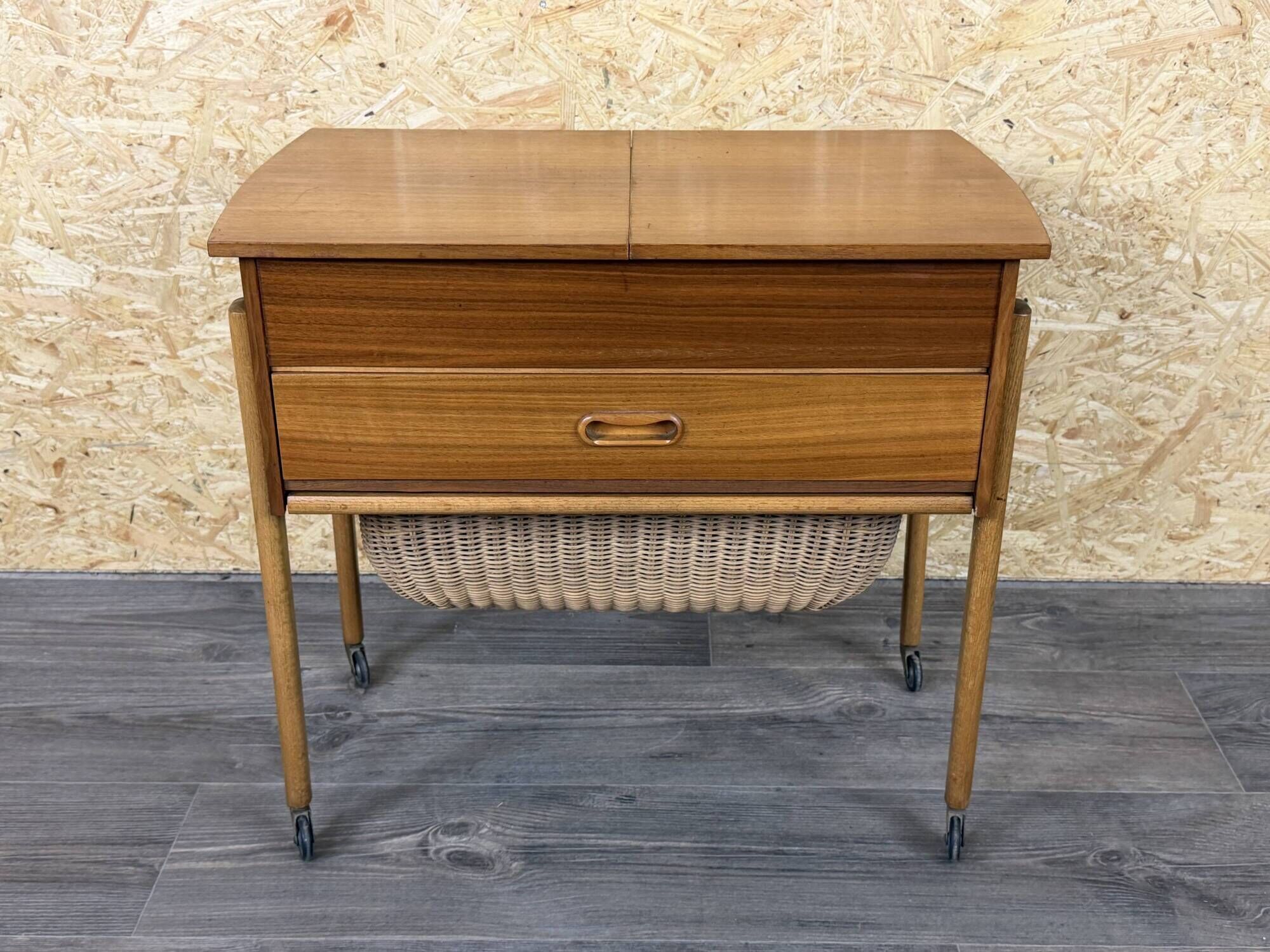 1960s 1970s Teak Sewing Box Sewing Table Utensil Holder with Basket