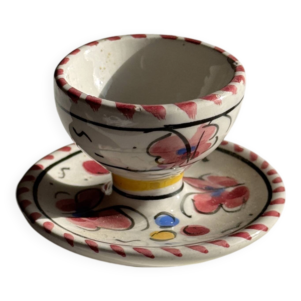 Coquetier en faïence motifs floraux roses vintage H5