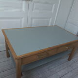Coffee table made from a desk of the 40s, tray and green shelf