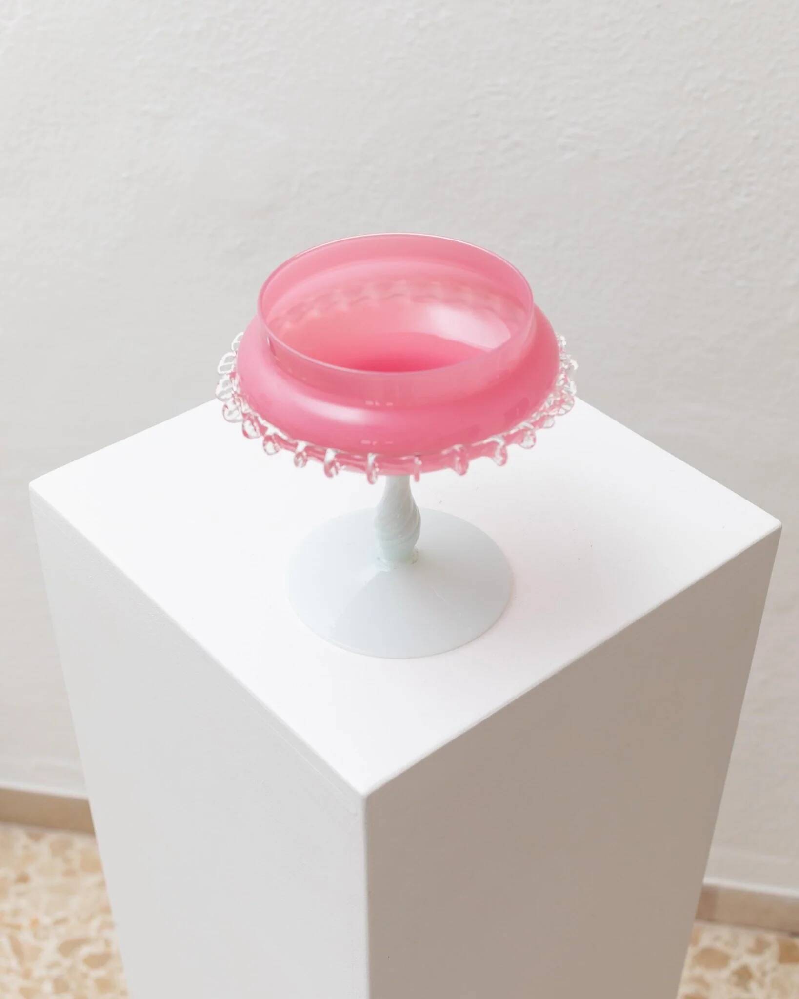 Vintage Empoli Glass Bowl in Pink Opaline with White Pedestal and Bead Trim - Murano-Style Mid-Century Italian Table Centerpiece