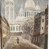Oil on panel representing Montmartre and the Sacré Coeur, painting of a vintage view of Paris