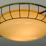 1930s to 50s glass ceiling lamp plafoniere with metal wire and brass frame
