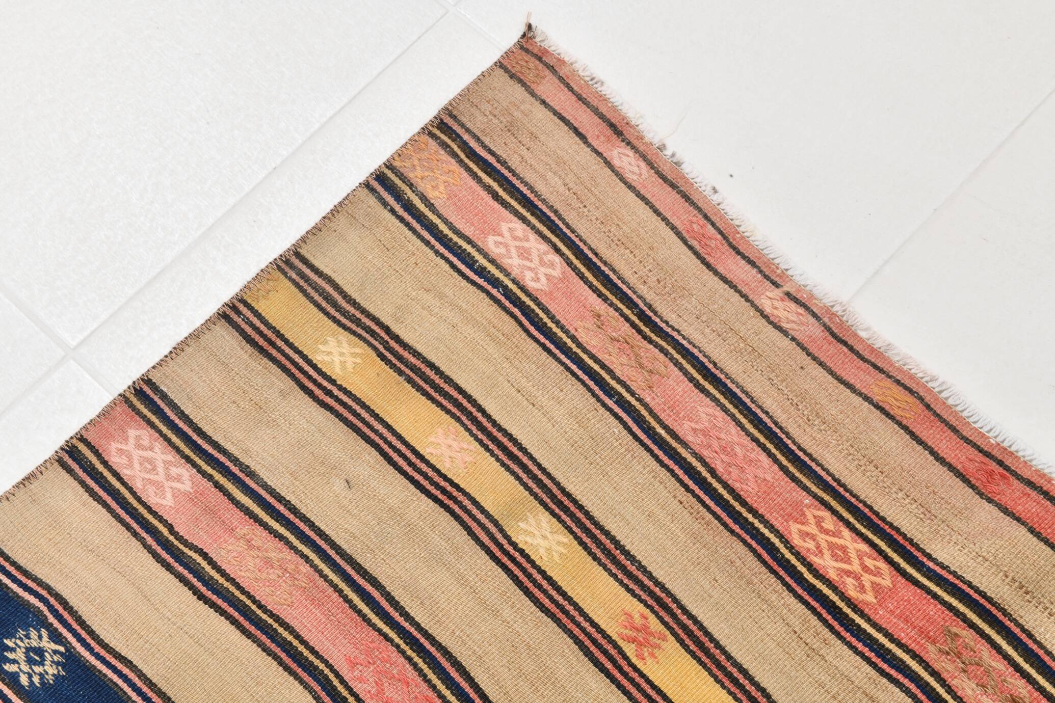 5x8 Cream & Navy Blue Striped Pattern Kilim Rug, 152x234Cm