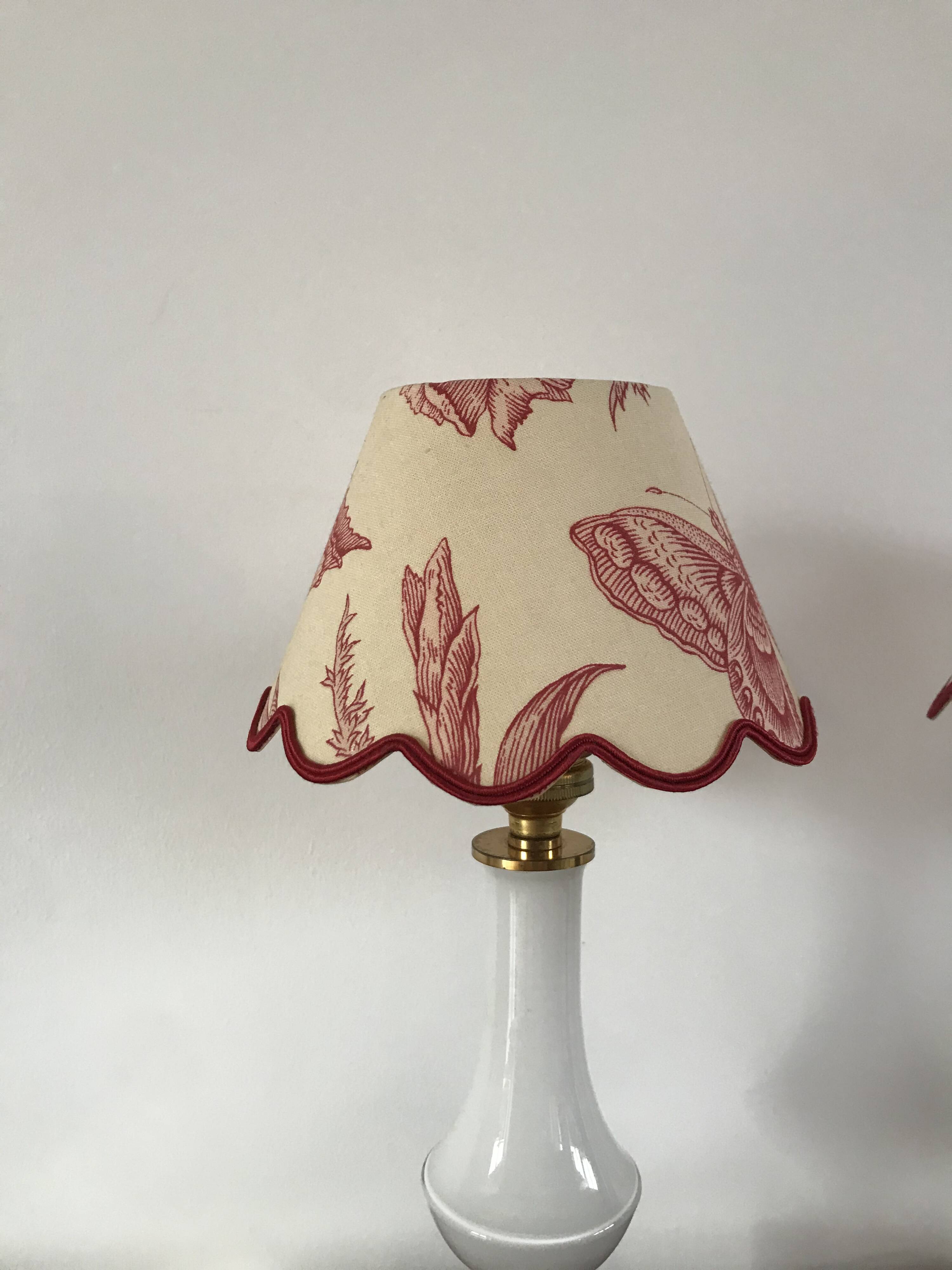 Pair of bedside lamps in opaline and brass toile de jouy lampshades 1950