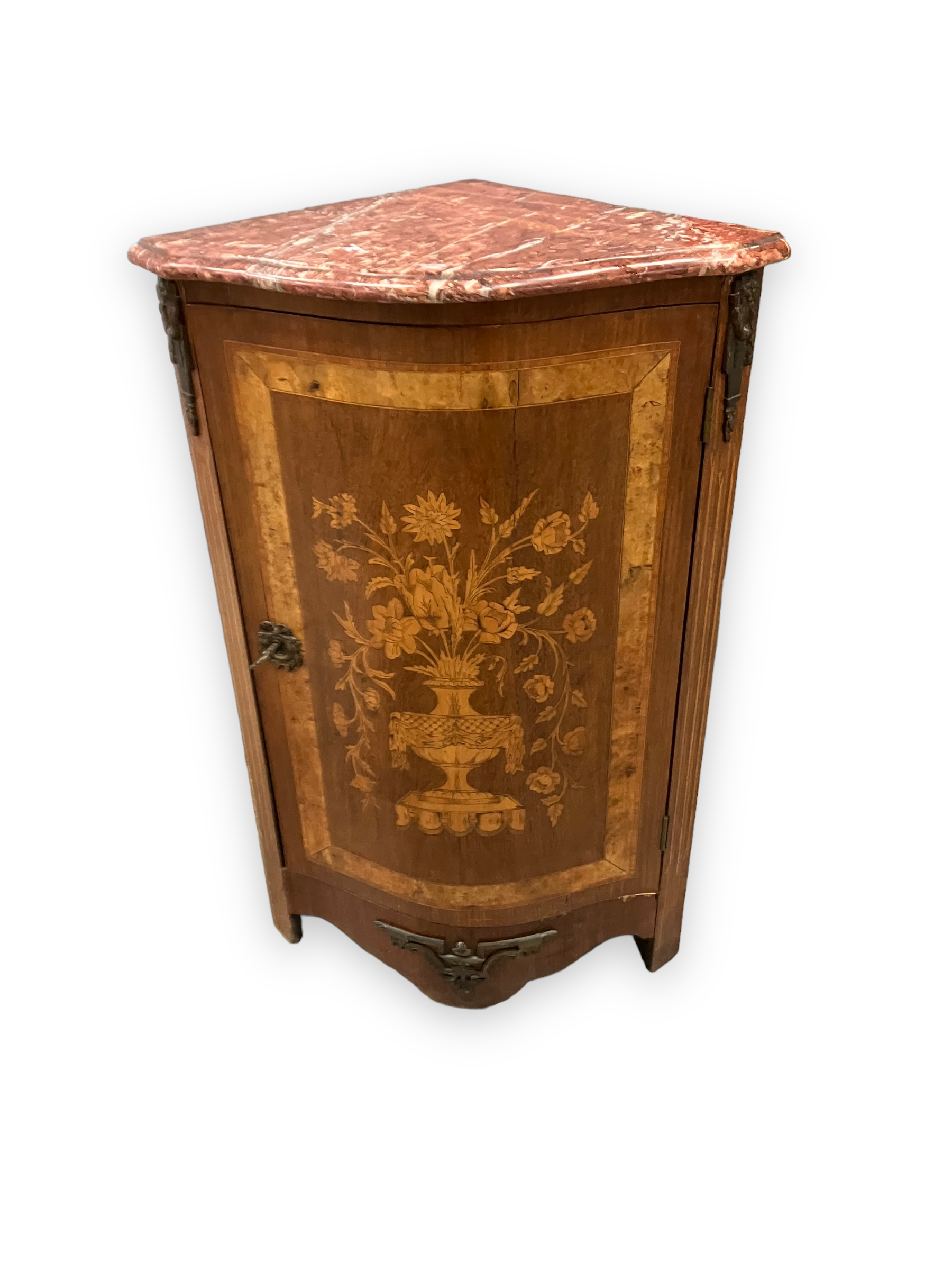 Buffet d'encoignure décor marqueté au vase fleuri de style Louis XVI