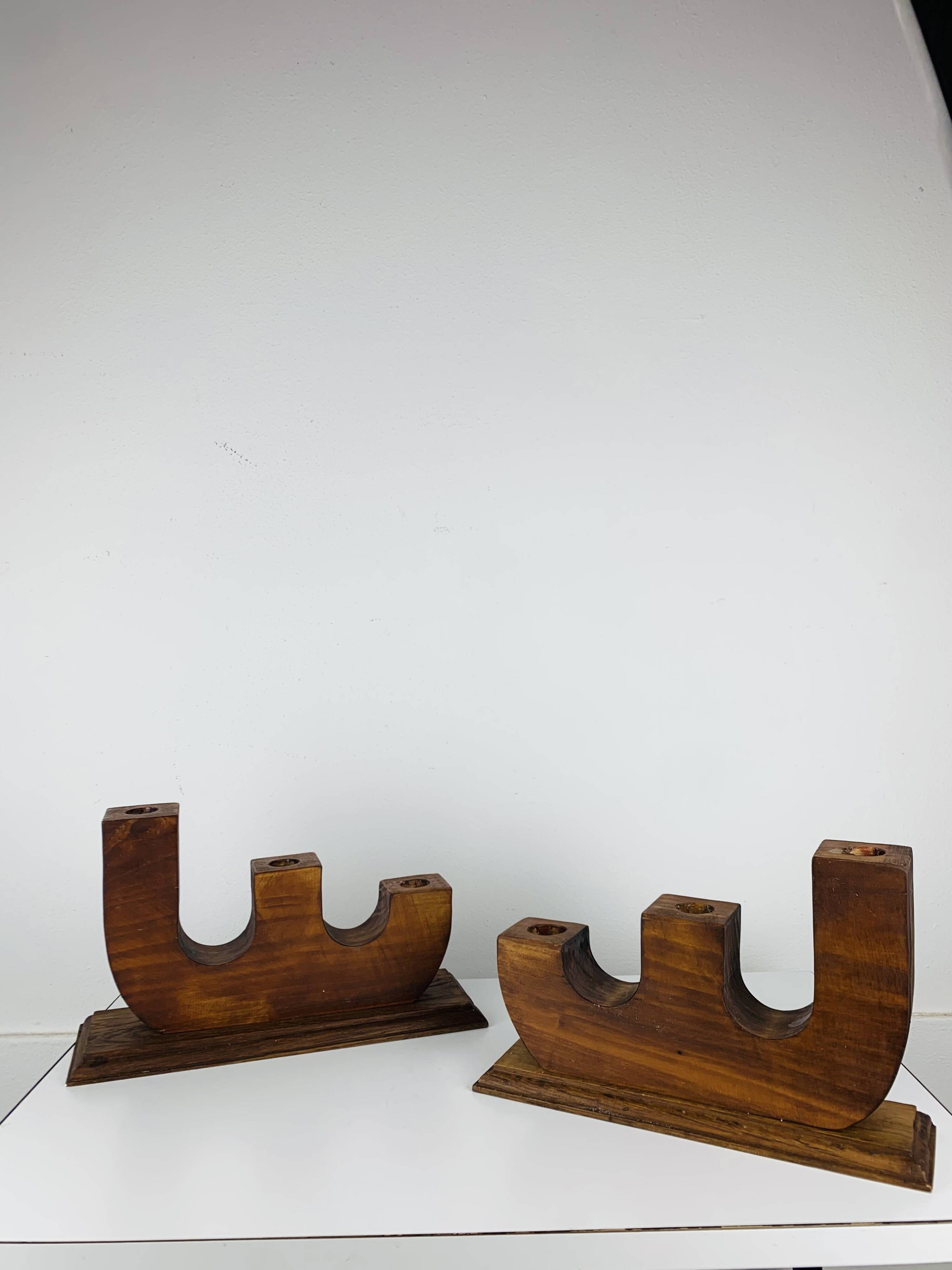 Pair of brutalist wooden candlesticks, 1960s