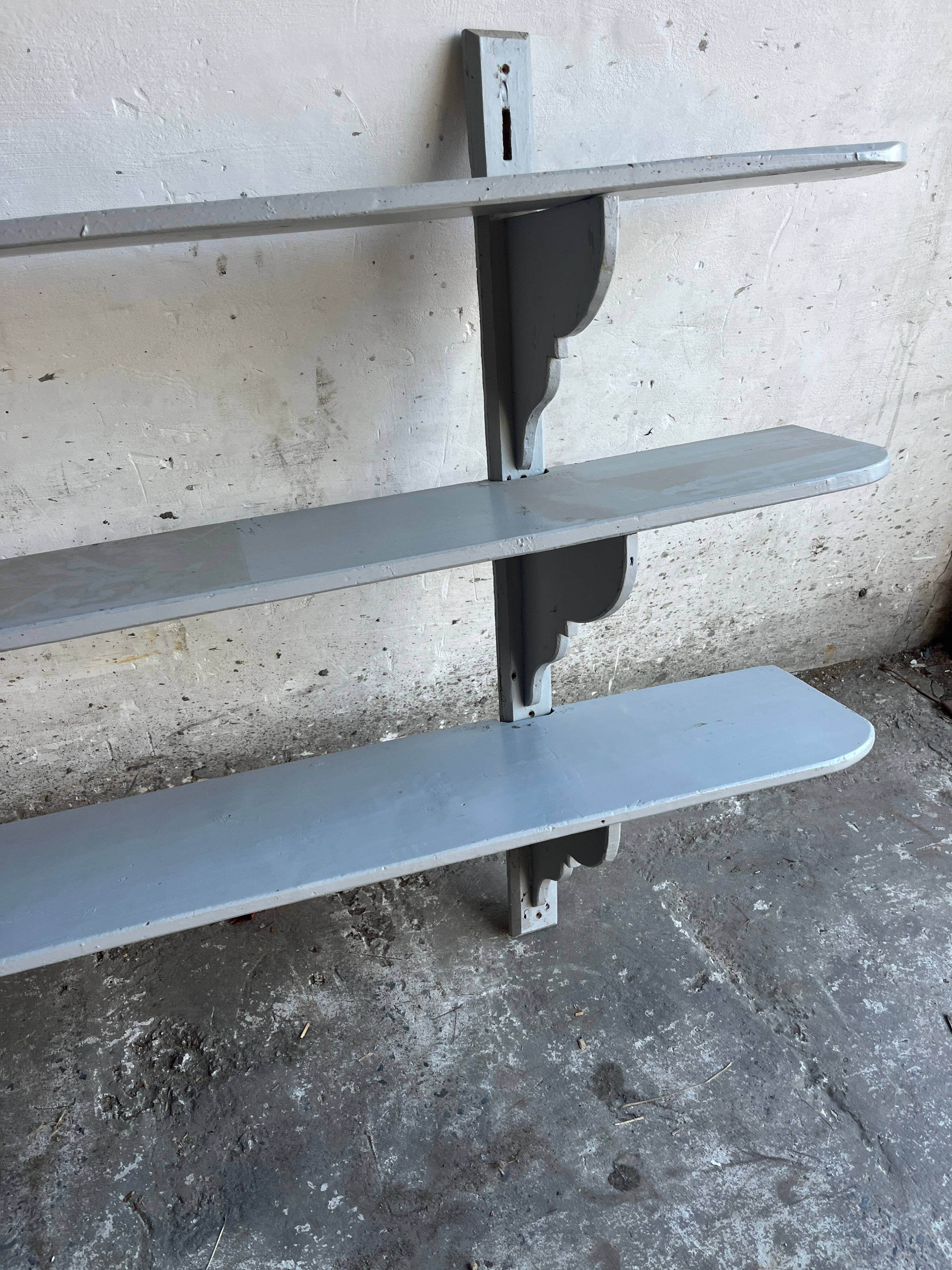 XL Antique French Wall Rack — Painted Grey Solid Wood, 3-Tier 249cm Industrial Farmhouse Shelf
