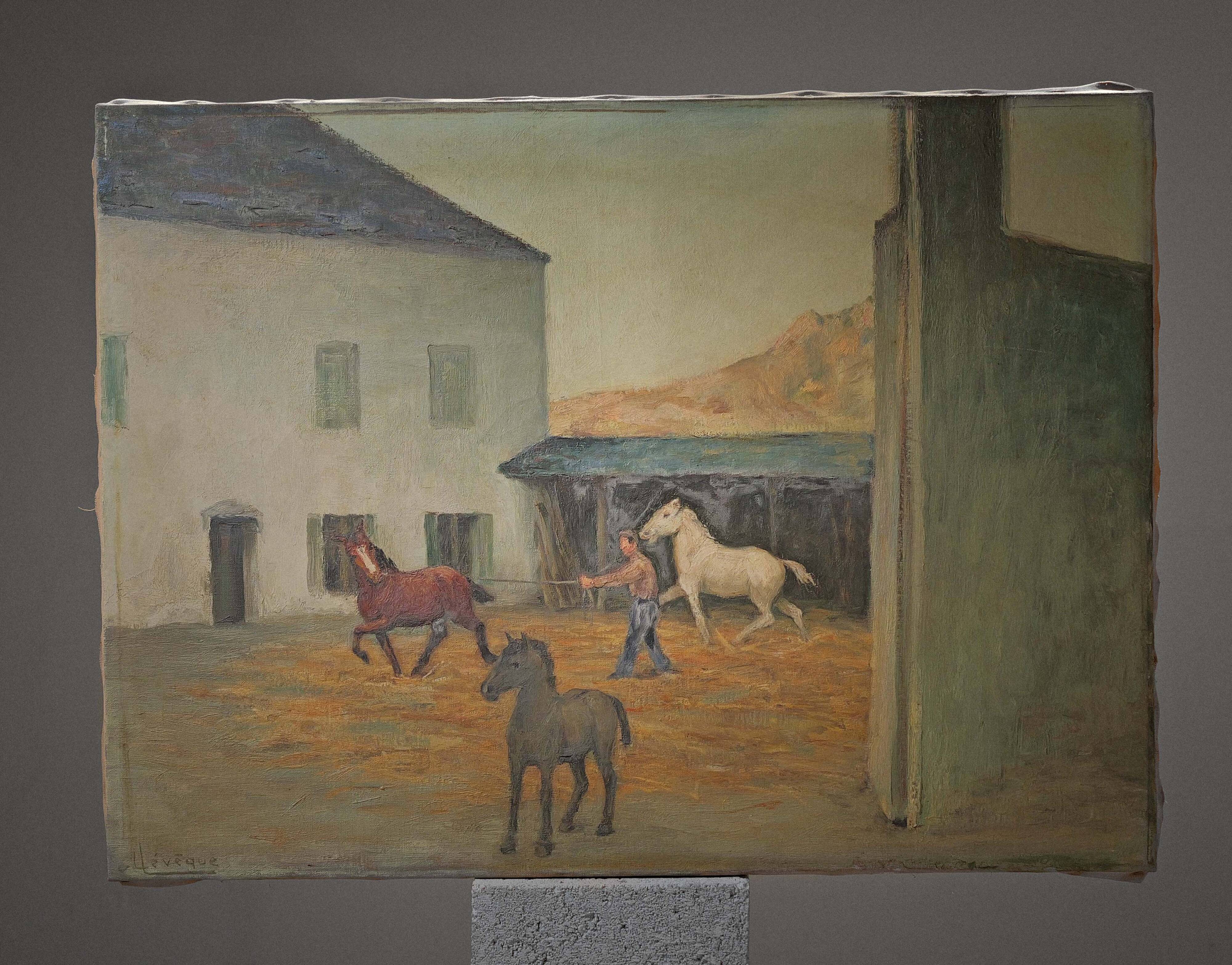 Oil on canvas, horse training, signed, circa 1950