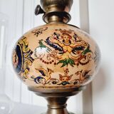 Electrified oil lamp in bronze and hand-painted Gien earthenware