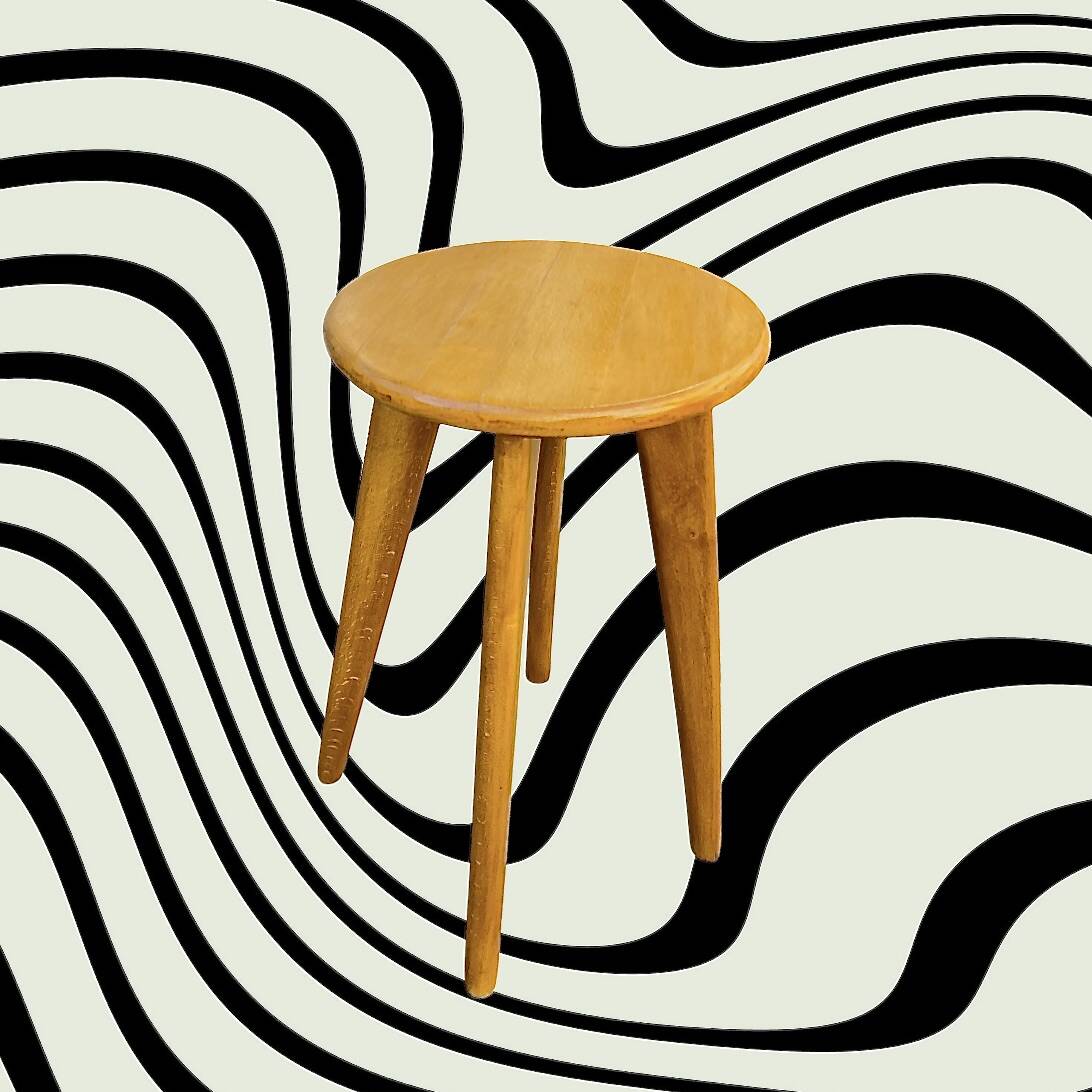 Scandinavian style stool in solid wood, splayed legs, 1960s.