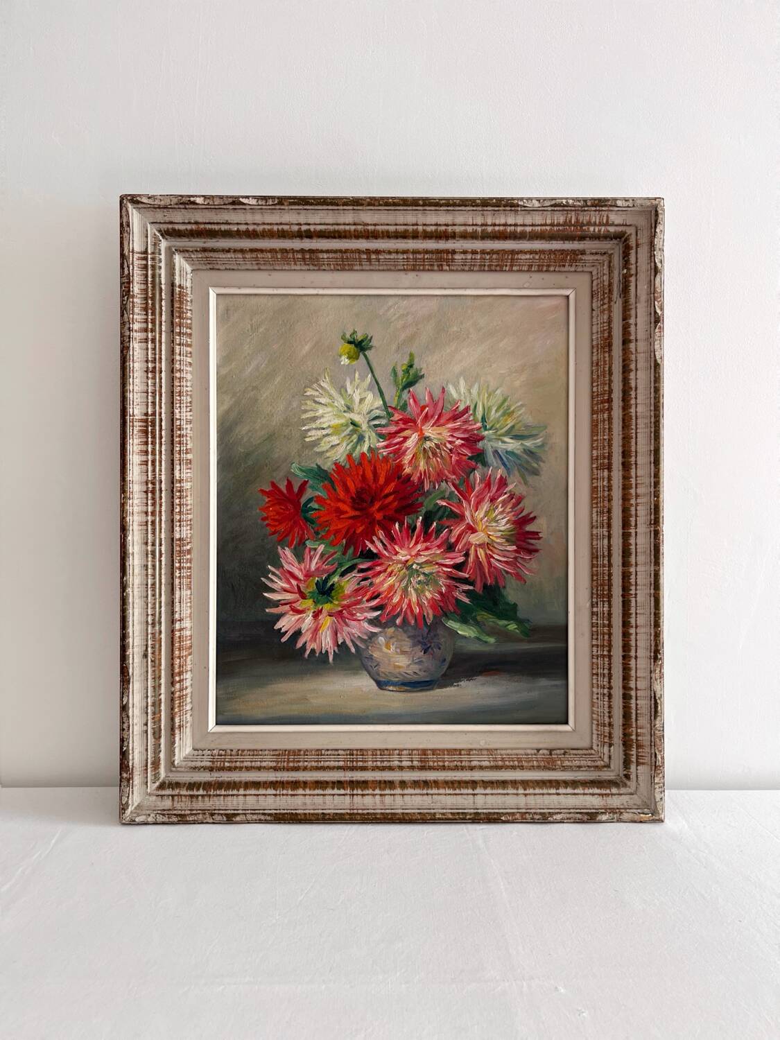 Peinture ancienne tableau huile sur toile fleurs dahlias 