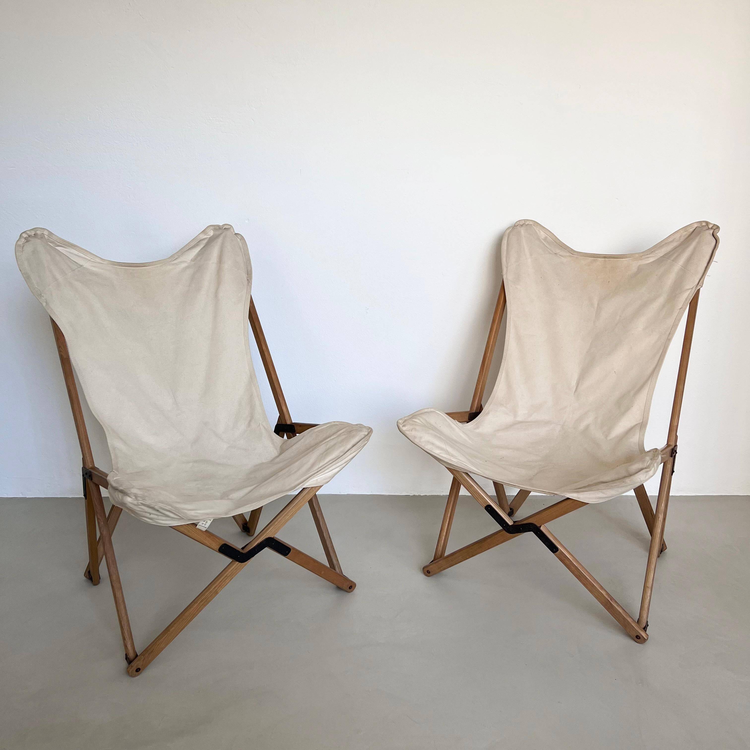 Chaises de jardin vintage en bois et toile blanche