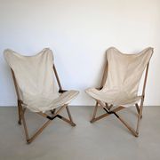 Vintage Foldable Garden / Outdoor Chairs in Wood and White Canvas Boho Chic