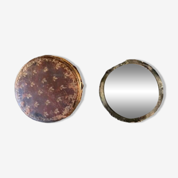 Very old round pocket mirror and leather case, 18th century