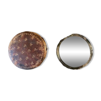 Very old round pocket mirror and leather case, 18th century