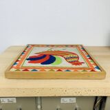 70s rooster tapestry, wooden frame