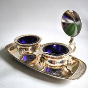 Caviar or cobalt blue condiment set from the first half of the 20th century.