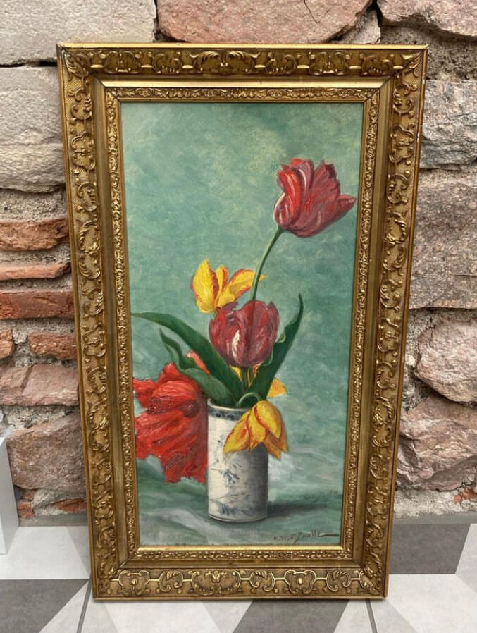 Oil on canvas "tulips" gilded frame