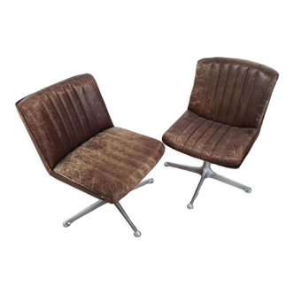 Swivel armchairs leather brown feet chrome