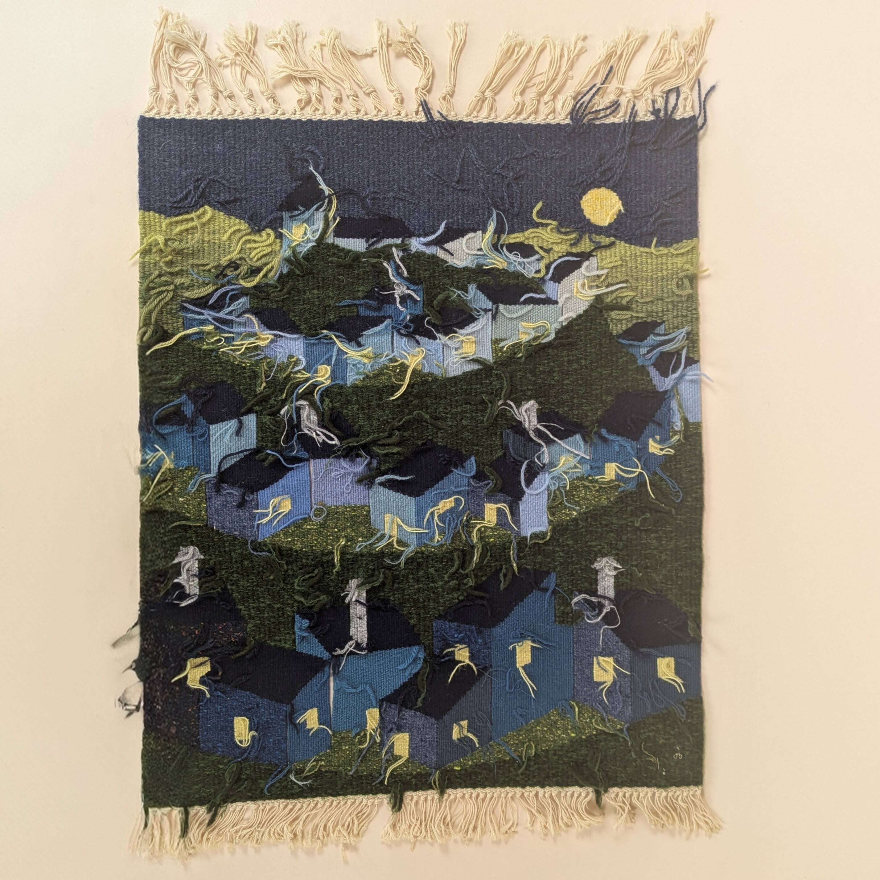 Vintage Handwoven Tapestry Village Scene Under the Full Moon