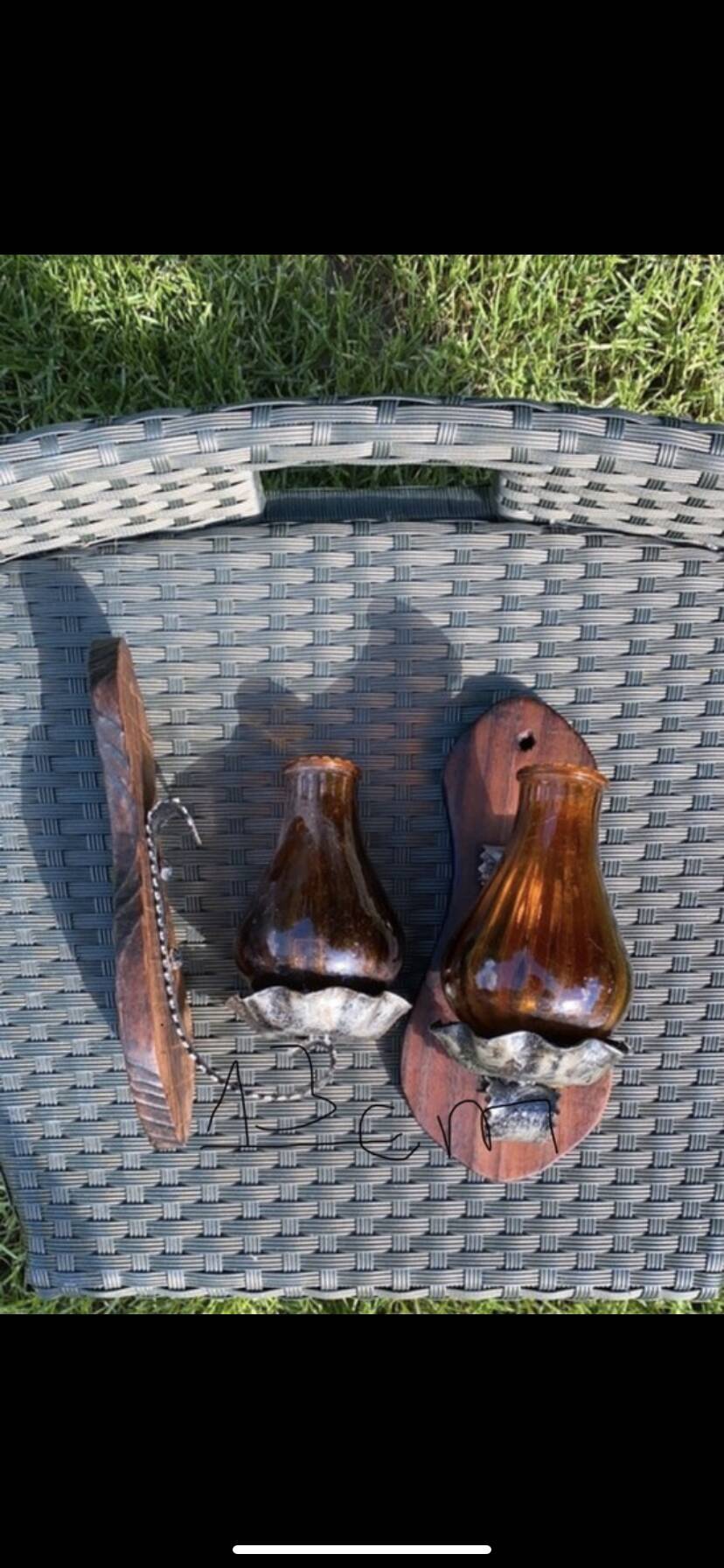 Pair of amber green wall candle holders