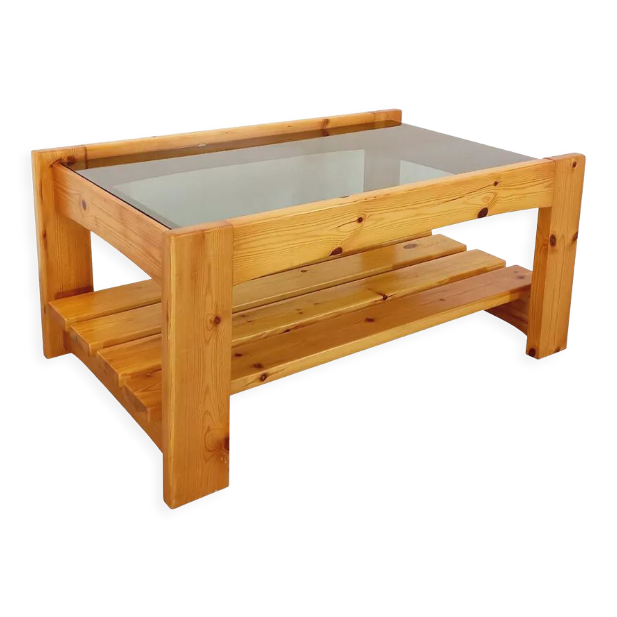 Vintage coffee table in pine and smoked glass, 1970-1980