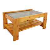 Vintage coffee table in pine and smoked glass, 1970-1980