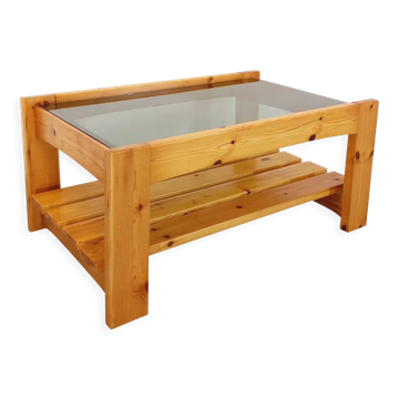 Table basse vintage en pin et verre fumé, 1970-1980