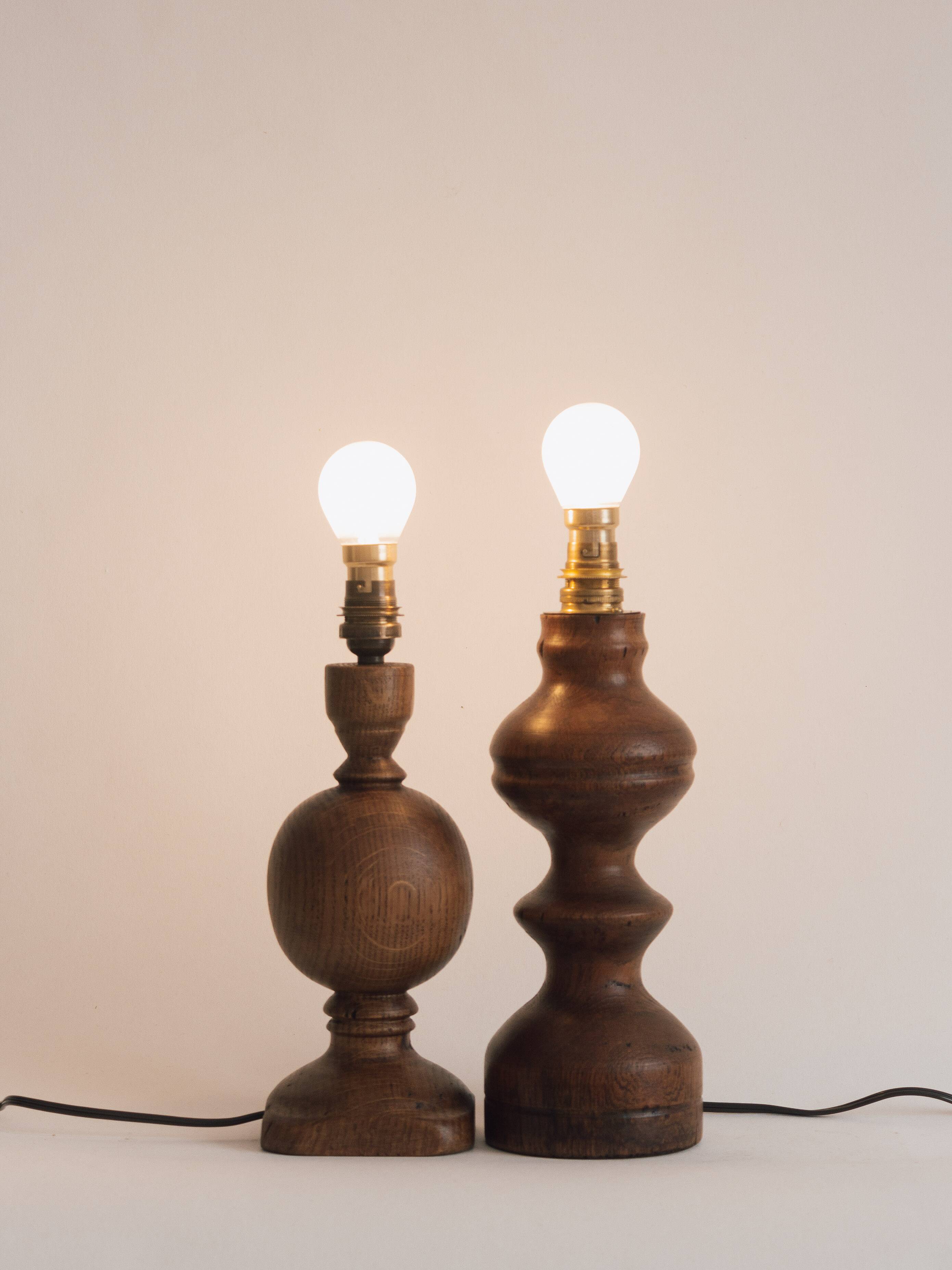 2 turned wooden lamp bases, 1940s-1960s