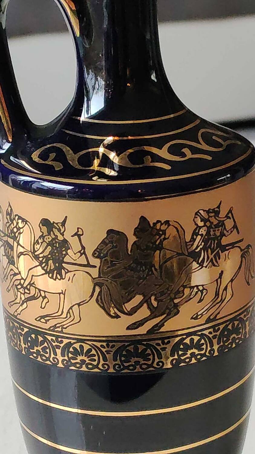 Greek Amphora Vase/Scenes of life Greek Mythology. Signed KA. Handmade in Greece, gilded with 24c fine gold. High 22.5 cm