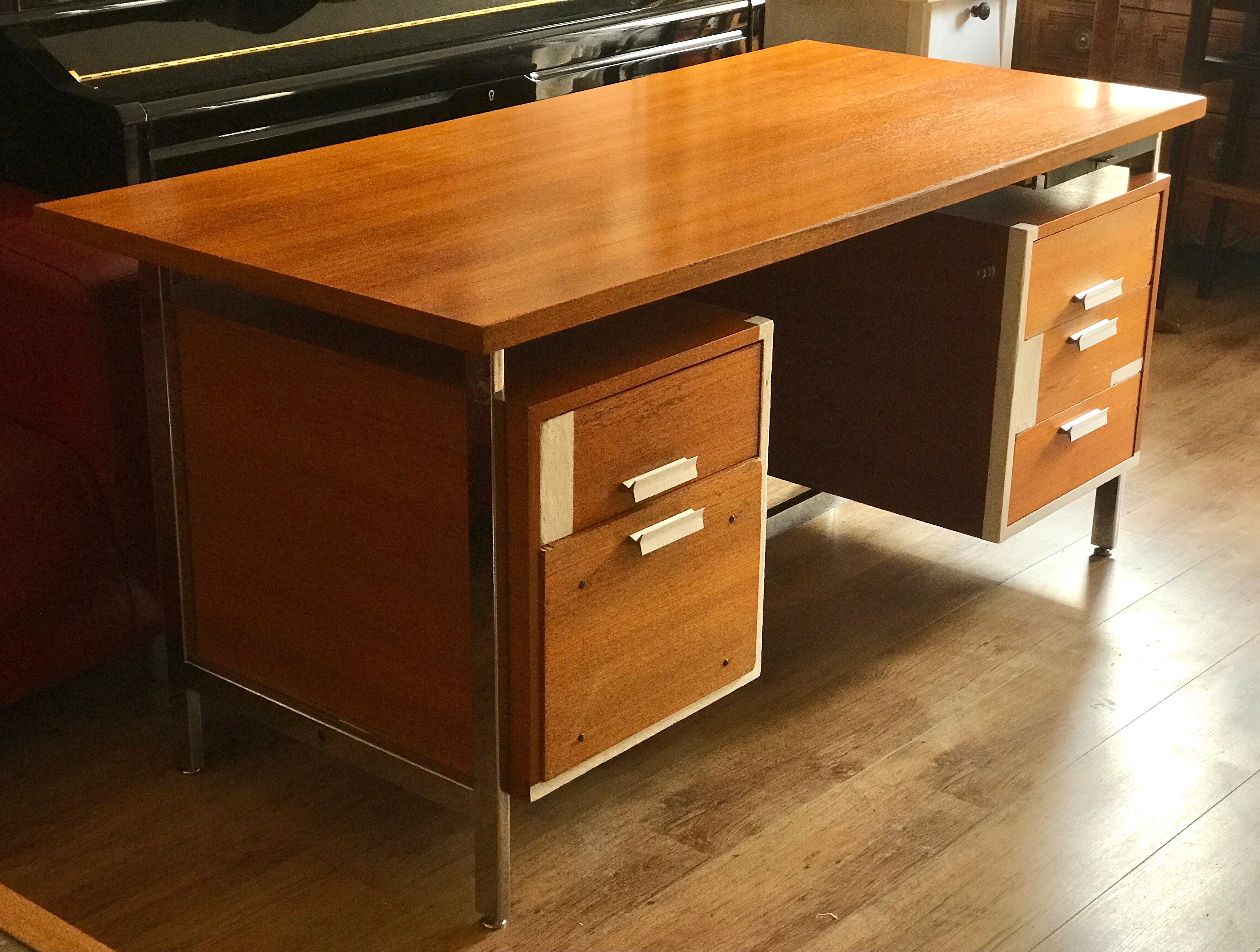 Vintage teak and stainless steel desk with two pedestals