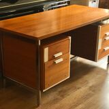 Vintage teak and stainless steel desk with two pedestals