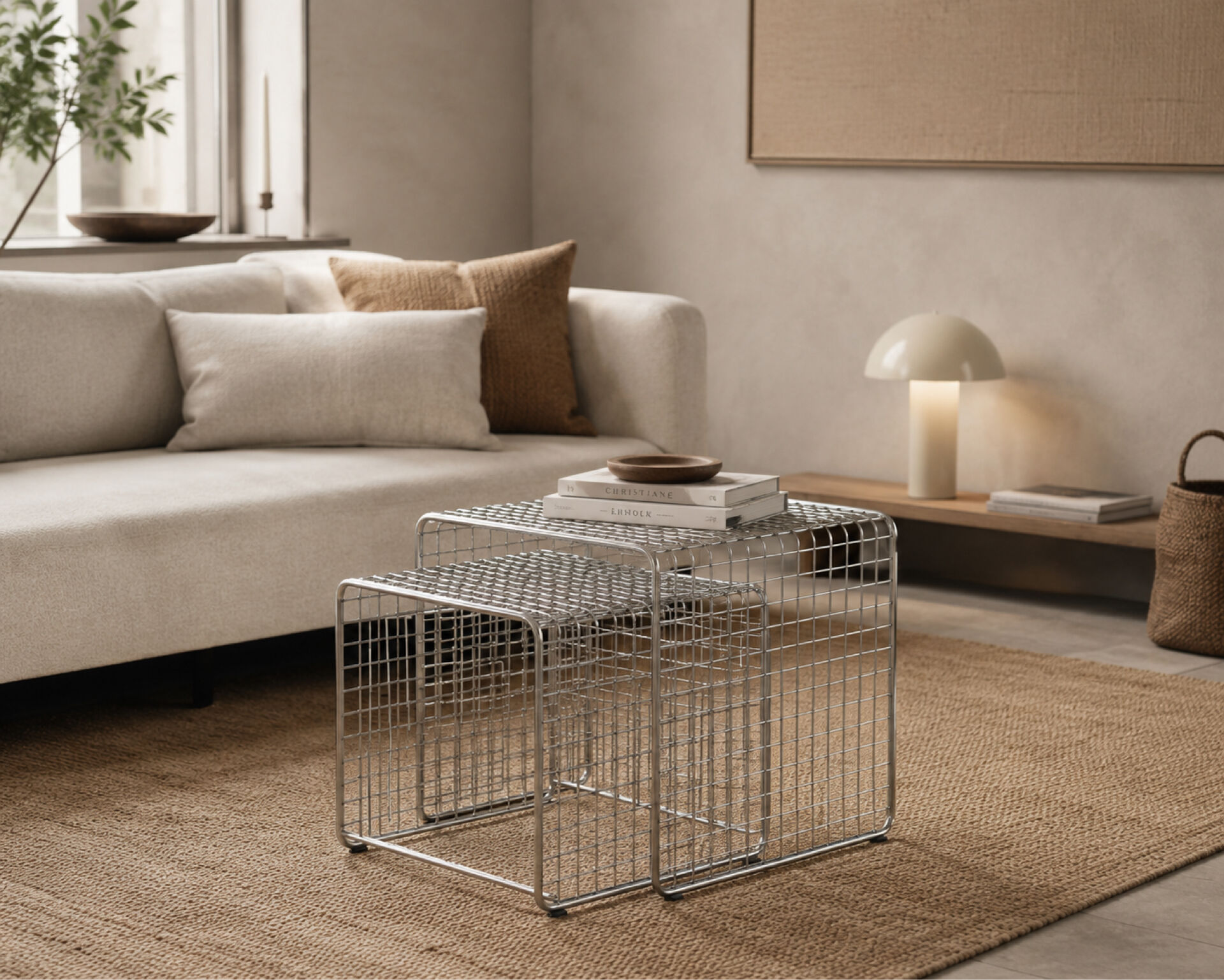 Nest of silver metal side tables
