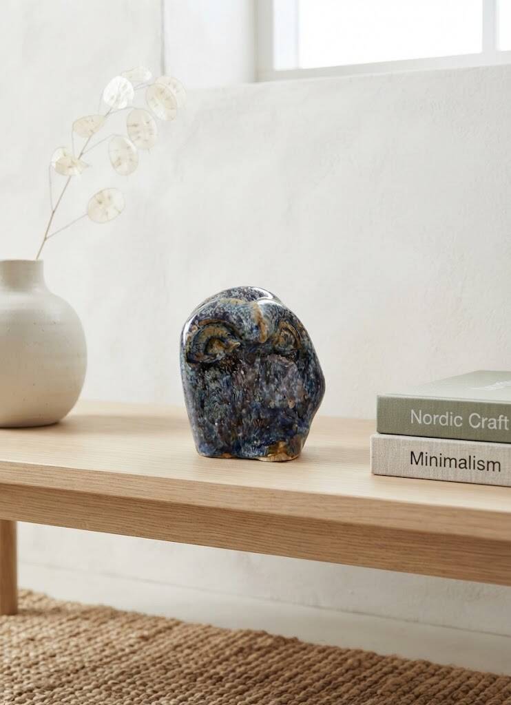 Miniature owl figurine in raku ceramic by Annie Maume, Vintage 1970.