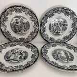 8 old, black and white dessert plates, Lunéville, Country Pranksters