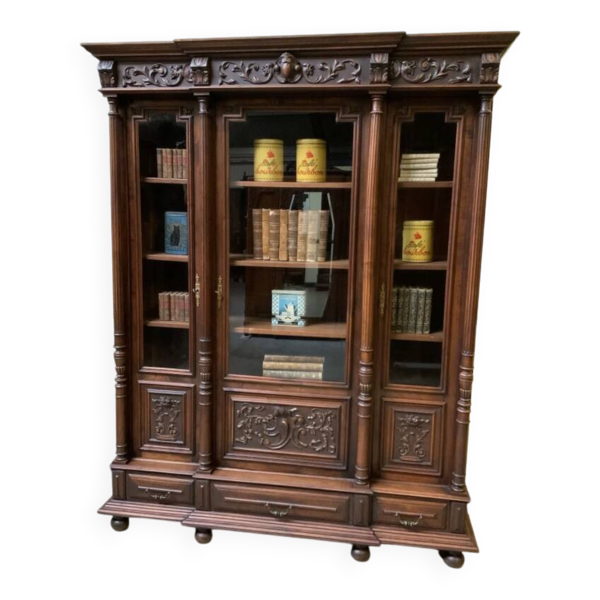 Bibliothèque néo-Renaissance ancienne, vitrine, noyer