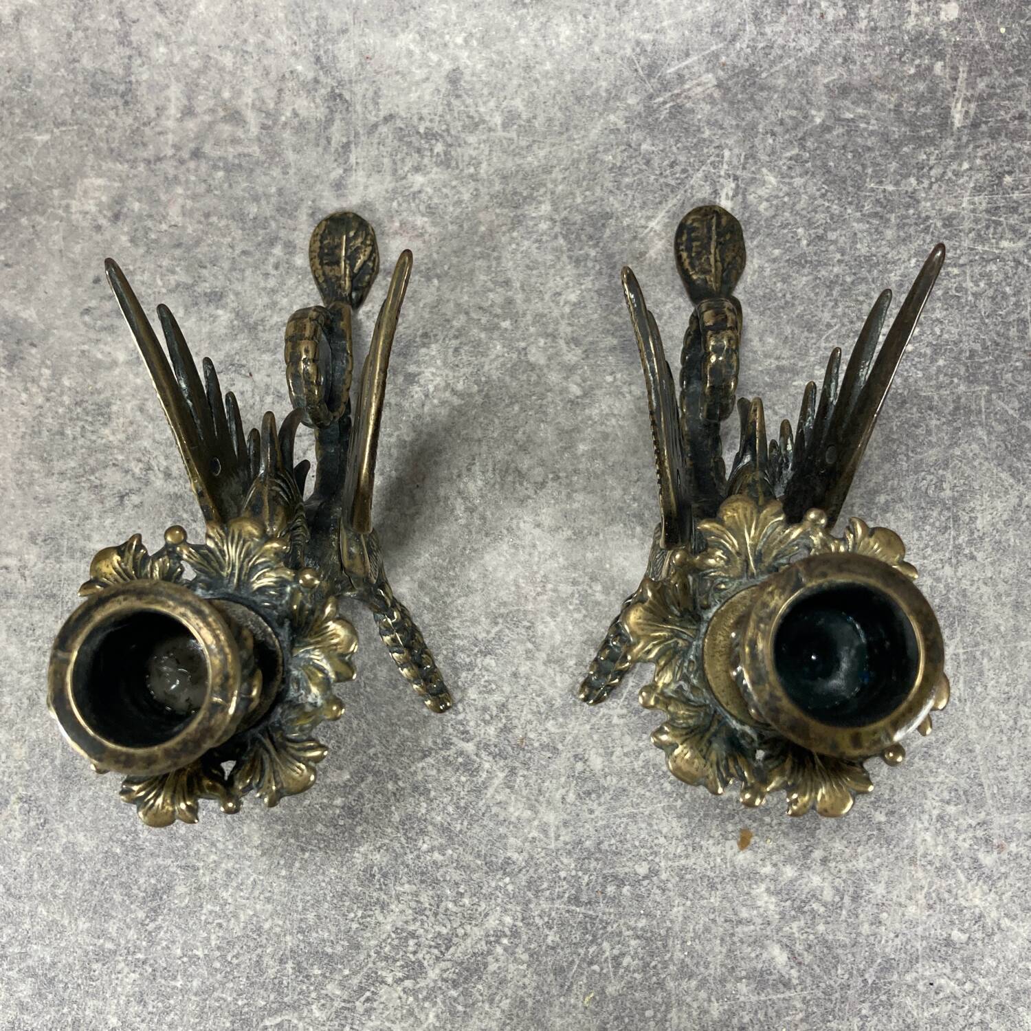 Pair of candlesticks. Chimera Dragon. Gilded brass. Fantastic bestiary