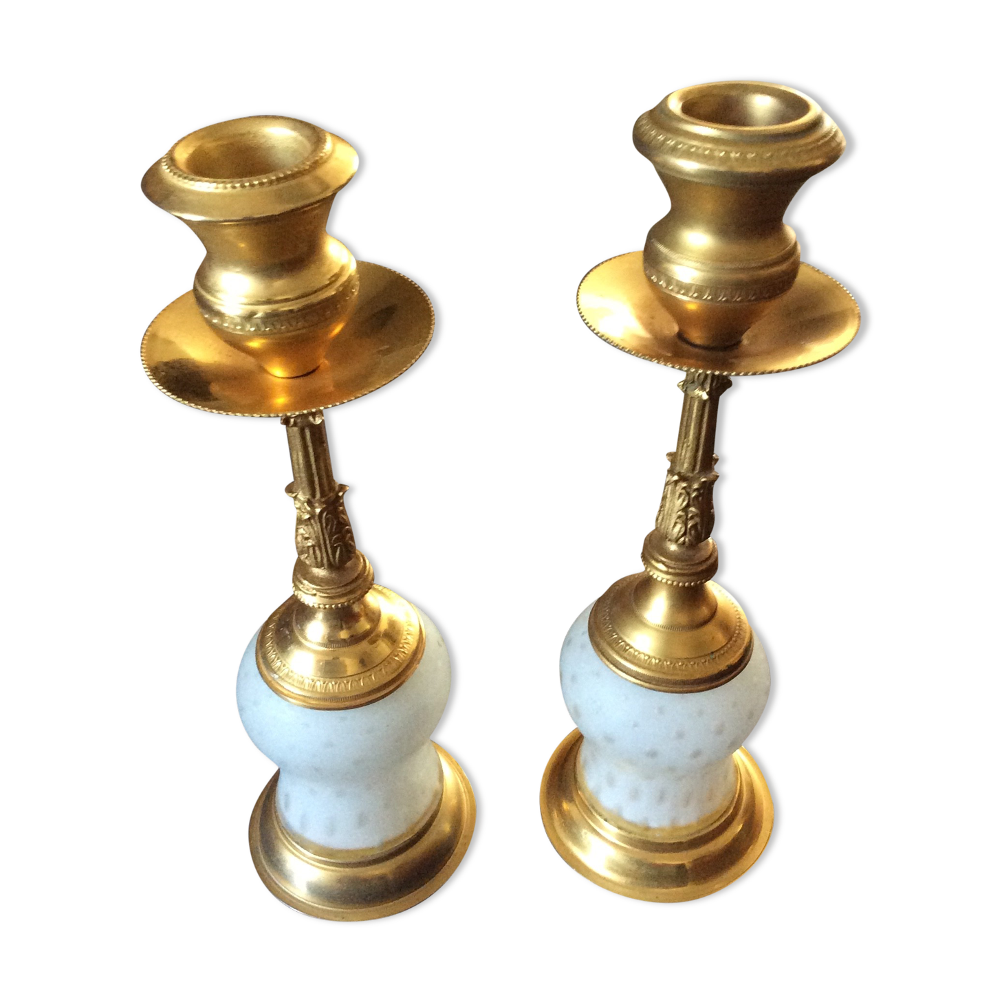 Pair of vintage candle holders in brass and glass paste