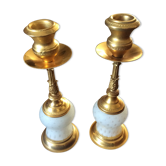 Paire de bougeoirs vintage en laiton et pâte de verre