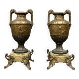 Pair of Napoleon III period vases or cassolettes in spelter with gilded patina