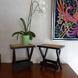 Pair of folding stools wood and wicker
