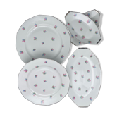 Porcelain serving dishes with small flowers and silver edging and