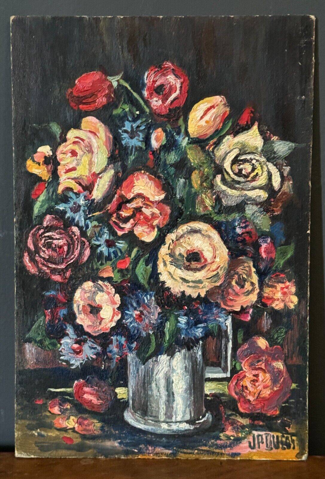 Oil on cardboard by JP Ducas still life with flowers 20th century