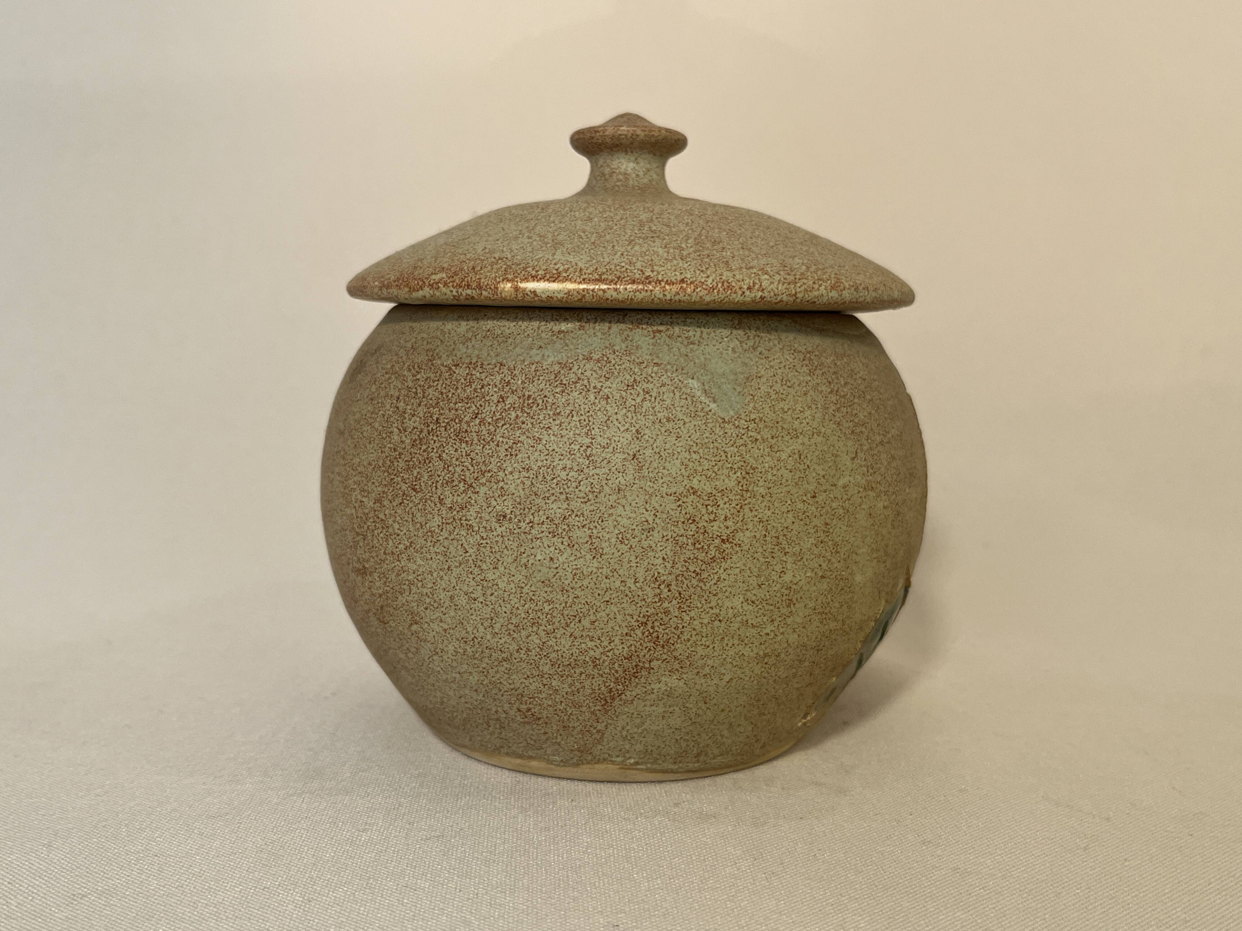 Beige ceramic candy box with orange flowers, vintage 1970s sugar bowl