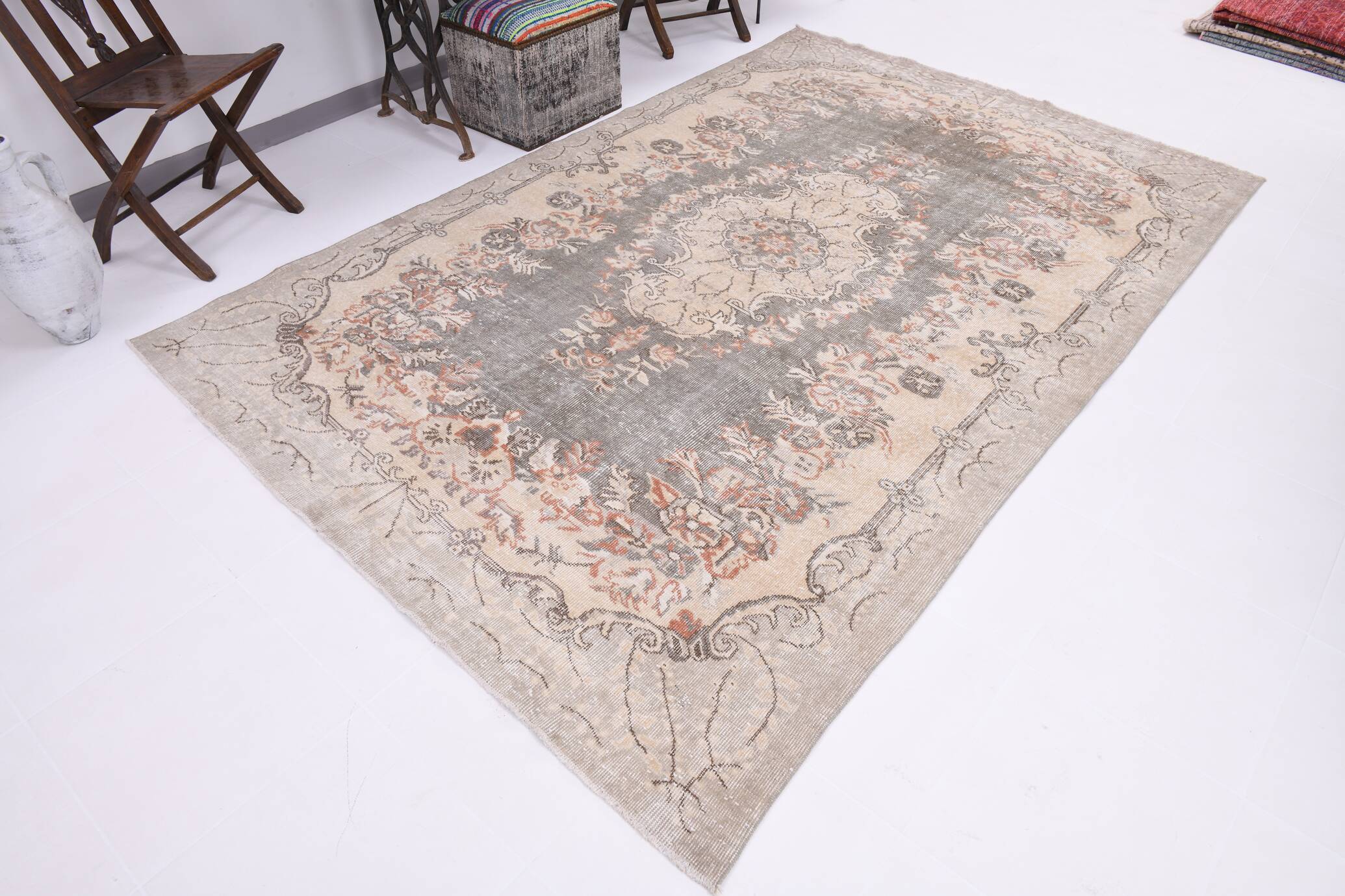 6x9 Ash Gray Handmade Wool Turkish Vintage Rug, 188x290Cm SK 5073