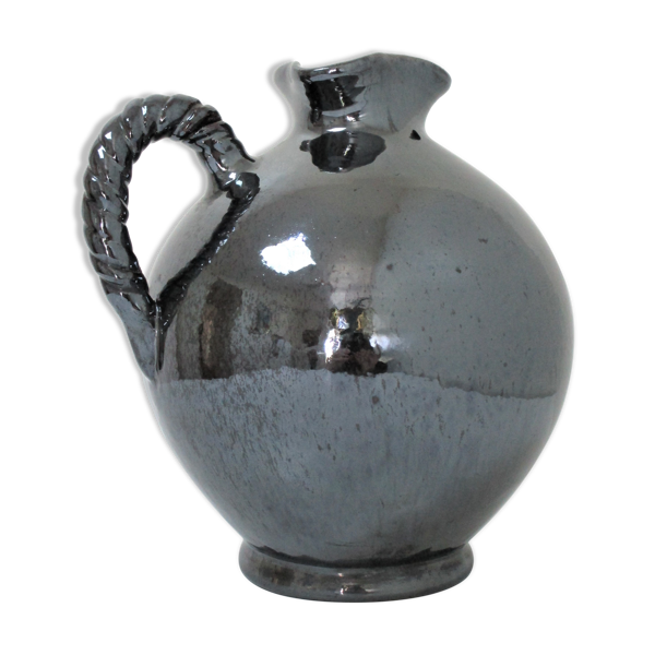 Pichet céramique à émaillage noir nacré par Reinhold Rieckmann