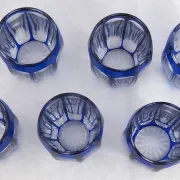 Saint Louis, 6 liqueur glasses, double blue crystal, excellent condition, Art Deco.