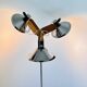 Three-light floor lamp in wood and chrome metal, Spain 1970s.